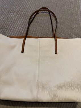 White Leather Tote with Brown Trim - Classic Everyday Bag